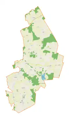 Mapa konturowa gminy Kiwity, w centrum znajduje się punkt z opisem „Stoczek Klasztorny”