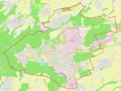 Mapa konturowa Kladna, na dole po lewej znajduje się punkt z opisem „Kladno-Rozdělov”