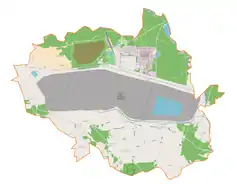 Mapa konturowa gminy Kleszczów, blisko centrum na dole znajduje się punkt z opisem „Kleszczów”