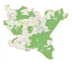 Mapa konturowa gminy Końskie, blisko centrum po lewej na dole znajduje się punkt z opisem „Wincentów”