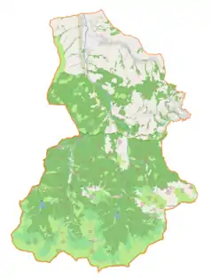 Mapa konturowa gminy Kościelisko, u góry nieco na lewo znajduje się punkt z opisem „Parafia Matki Bożej Szkaplerznej”