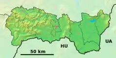 Mapa konturowa kraju koszyckiego, po lewej znajduje się punkt z opisem „Jaskinia Krasnogórska”