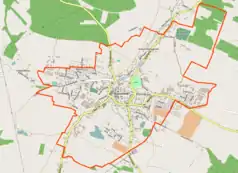 Mapa konturowa Kożuchowa, w centrum znajduje się punkt z opisem „Pałac w Kożuchowie(nieistniejący)”