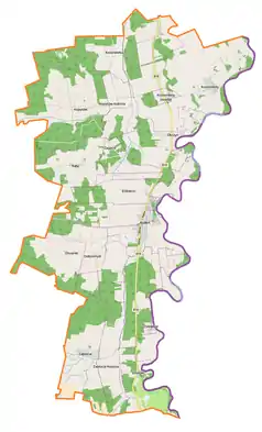 Mapa konturowa gminy Kodeń, w centrum znajduje się punkt z opisem „Kościół Świętego Ducha w Kodniu”