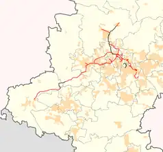 Mapa konturowa górnośląskich kolei wąskotorowych, w centrum znajduje się punkt z opisem „Bojków Górny Wąskotorowy”