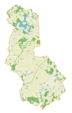 Mapa konturowa gminy Kozłowo, u góry po lewej znajduje się punkt z opisem „źródło”, natomiast na dole po lewej znajduje się punkt z opisem „ujście”