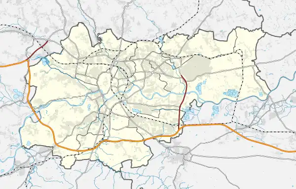 Mapa konturowa Krakowa, na dole nieco na lewo znajduje się punkt z opisem „Swoszowice”