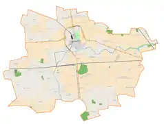 Mapa konturowa gminy Krośniewice, w centrum znajduje się punkt z opisem „Morawce”