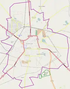 Mapa konturowa Krotoszyna, u góry po lewej znajduje się punkt z opisem „Zbór Kościoła Zielonoświątkowego „Charisma” w Krotoszynie”