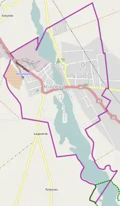 Mapa konturowa Kruszwicy, w centrum znajduje się ikonka wieży z opisem „Mysia Wieża”