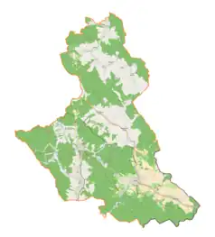 Mapa konturowa gminy Krynica-Zdrój, w centrum znajduje się punkt z opisem „Mochnaczka Niżna, cerkiew św. Michała Archanioła”