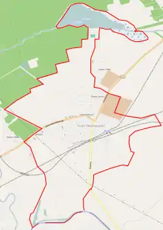 Mapa konturowa Krzyża Wielkopolskiego, blisko górnej krawiędzi znajduje się owalna plamka nieco zaostrzona i wystająca na lewo w swoim dolnym rogu z opisem „Łokacz”