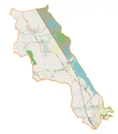 Mapa konturowa gminy Krzyżanowice, w centrum znajduje się punkt z opisem „Parafia św. Anny”