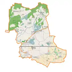 Mapa konturowa gminy Kunice, blisko centrum u góry znajduje się punkt z opisem „Parafiapw. Zwiastowania Pańskiegow Bieniowicach”