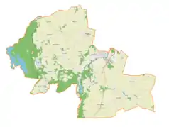 Mapa konturowa gminy Kurzętnik, u góry po lewej znajduje się punkt z opisem „Wawrowice”