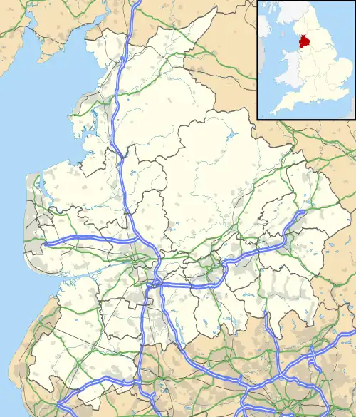 Mapa konturowa Lancashire, po prawej znajduje się punkt z opisem „Burnley”