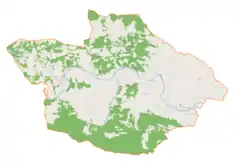 Mapa konturowa gminy Laskowa, blisko centrum na dole znajduje się punkt z opisem „Żmiąca”