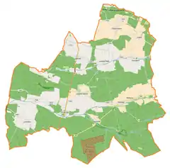 Mapa konturowa gminy Lasowice Wielkie, blisko centrum na prawo u góry znajduje się punkt z opisem „Parafia Ewangelicko-Augsburska Świętych Piotra i Pawła w Lasowicach Wielkich”