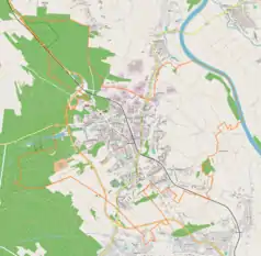 Mapa konturowa Leżajska, blisko centrum na dole znajduje się ikonka pałacu z opisem „Pałac Miera”