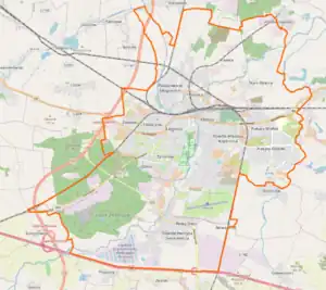 Mapa konturowa Legnicy, na dole po lewej znajduje się punkt z opisem „Huta Miedzi „Legnica””