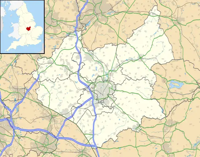 Mapa konturowa Leicestershire, blisko centrum na dole znajduje się punkt z opisem „Oadby”