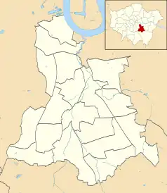 Mapa konturowa gminy Lewisham, blisko centrum na lewo u góry znajduje się punkt z opisem „Brockley”