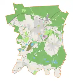 Mapa konturowa gminy Libiąż, blisko centrum na prawo u góry znajduje się punkt z opisem „Parafia św. Barbary”