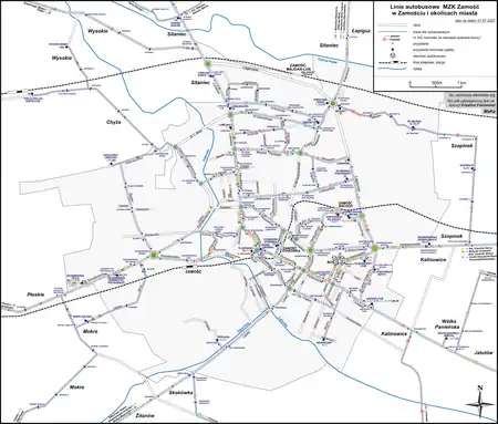 Plan Zamościa i okolic z trasami linii MZK Zamość