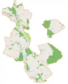 Mapa konturowa gminy Liw, blisko centrum na prawo znajduje się punkt z opisem „Ruchna”