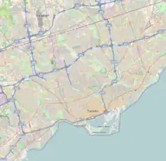 Mapa konturowa Toronto, na dole znajduje się punkt z opisem „Pomnik Katyński w Toronto”