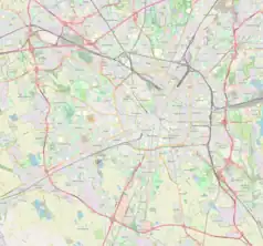 Mapa konturowa Mediolanu, u góry po lewej znajduje się punkt z opisem „Pawilon Polski na Expo 2015”