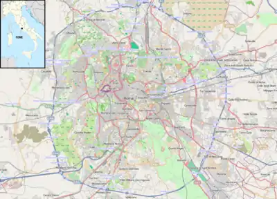 Mapa konturowa Rzymu, w centrum znajduje się punkt z opisem „Papieska Bazylika św. Wawrzyńcaza Murami”