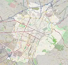 Mapa konturowa Turynu, blisko centrum u góry znajduje się punkt z opisem „Torino Rebaudengo Fossata”