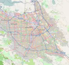 Mapa konturowa San Jose, u góry znajduje się punkt z opisem „Siedziba Cisco Systems, Inc.”