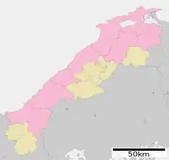 Mapa konturowa prefektury Shimane, u góry po prawej znajduje się punkt z opisem „Matsue”