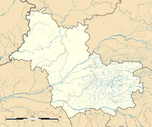 Mapa konturowa Loir-et-Cher, na dole nieco na lewo znajduje się punkt z opisem „Montrichard”