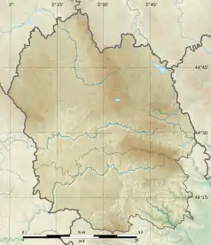 Mapa konturowa Lozère, w centrum znajduje się punkt z opisem „źródło”, poniżej na lewo znajduje się również punkt z opisem „ujście”