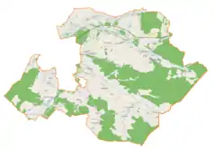 Mapa konturowa gminy wiejskiej Lubaczów, blisko górnej krawiędzi nieco na prawo znajduje się punkt z opisem „Tymce”