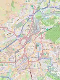 Mapa konturowa Lubeki, w centrum znajduje się punkt z opisem „Kościół św. Katarzyny w Lubece”