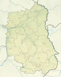 Mapa konturowa województwa lubelskiego, na dole nieco na prawo znajduje się punkt z opisem „źródło”, natomiast blisko dolnej krawiędzi nieco na prawo znajduje się punkt z opisem „ujście”