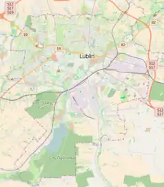 Mapa konturowa Lublina, blisko centrum na lewo u góry znajduje się punkt z opisem „Uniwersytet Marii Curie-Skłodowskiej”