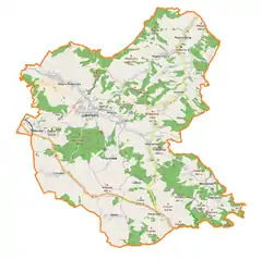 Mapa konturowa gminy Lubomierz, po lewej nieco na dole znajduje się punkt z opisem „Parafia św. Mikołaja”