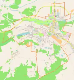 Mapa konturowa Lubska, blisko centrum na prawo u góry znajduje się punkt z opisem „Parafia pw. Najświętszego Serca Jezusowego w Lubsku”