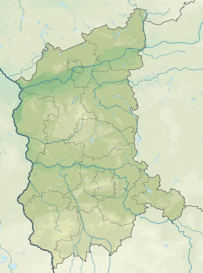 Mapa konturowa województwa lubuskiego, po lewej znajduje się owalna plamka nieco zaostrzona i wystająca na lewo w swoim dolnym rogu z opisem „Lubieńskie Duże”