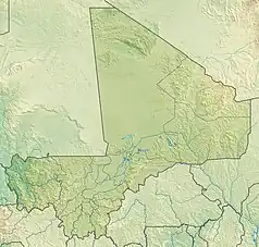 Mapa konturowa Mali, w lewym dolnym rogu znajduje się punkt z opisem „źródło”, natomiast na dole po lewej znajduje się punkt z opisem „ujście”