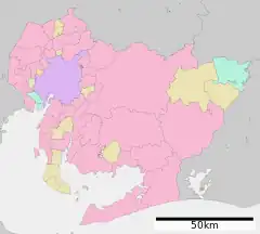 Mapa konturowa Aichi, na dole znajduje się punkt z opisem „Tahara”