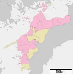 Mapa konturowa Ehime, u góry znajduje się punkt z opisem „Imabari”