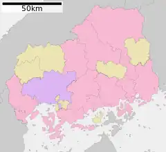 Mapa konturowa prefektury Hiroszima, na dole po lewej znajduje się punkt z opisem „Ōtake”