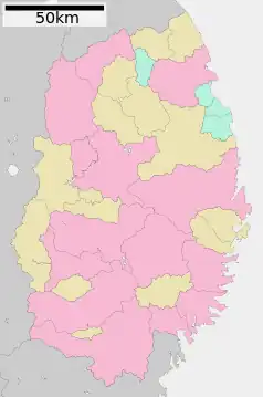 Mapa konturowa Iwate, na dole nieco na lewo znajduje się punkt z opisem „Ichinoseki”