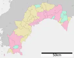 Mapa konturowa prefektury Kōchi, po prawej znajduje się punkt z opisem „Muroto”